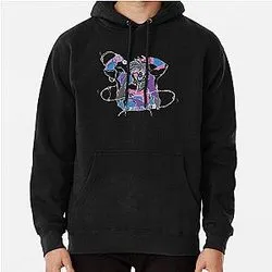 Black hoodie with abstract swirl design in blue purple and pink