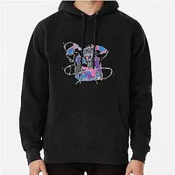 Black hoodie with illustrated design and colorful galaxy graphic