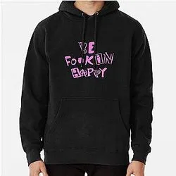 Black hoodie with pink bubble style Be Happy text design
