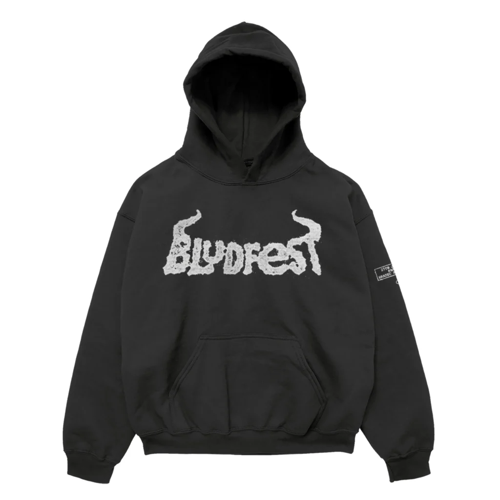 Charcoal hoodie with bold BLUDFEST logo and horn design
