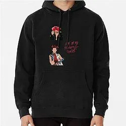 Black hoodie with illustrated portrait and text design