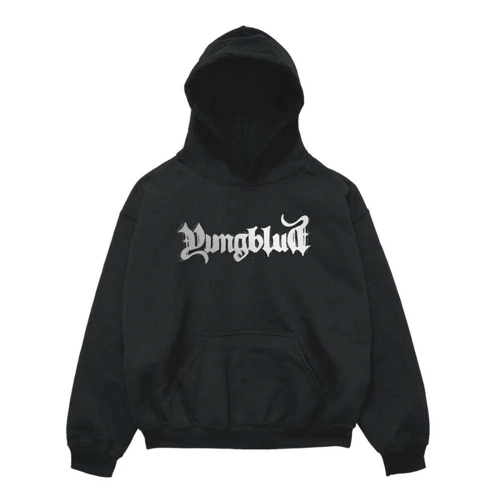 Black hoodie with bold gothic YUNGBLUD wordmark text design