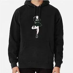 Black hoodie with small outline style illustrated character design