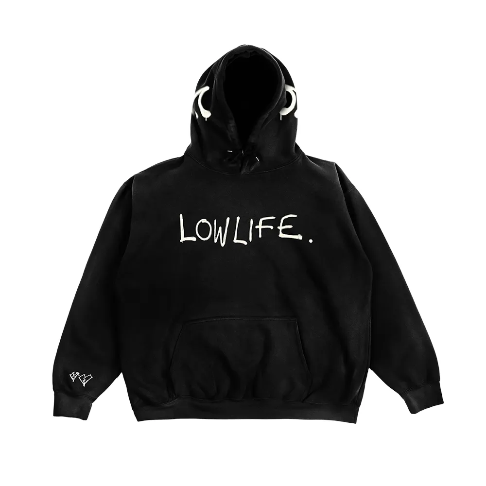 Black hoodie with bold hand-drawn Lowlife text design
