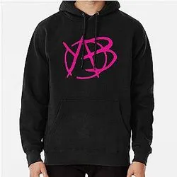 Black hoodie with bold pink YB monogram logo design