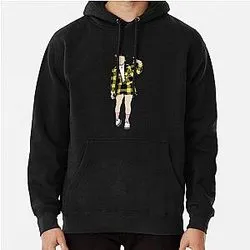 Black hoodie with small illustrated character in yellow plaid design
