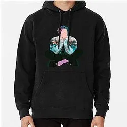 Black hoodie with illustrated praying pose design in teal tones