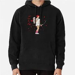 Black hoodie with illustrated figure and red splatter art design