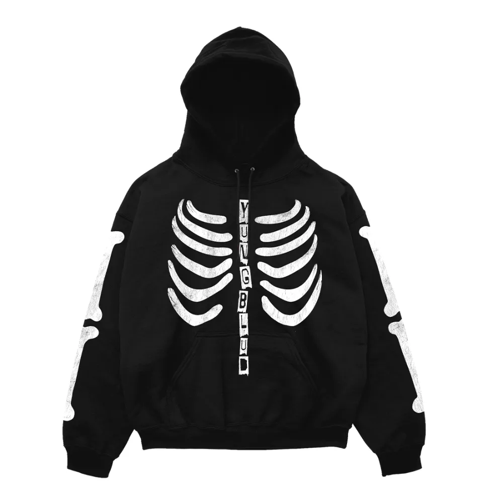 Black hoodie with bold white skeleton ribcage print design