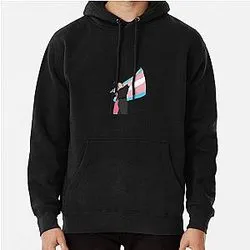 Black hoodie with trans pride flag design and illustrated figure