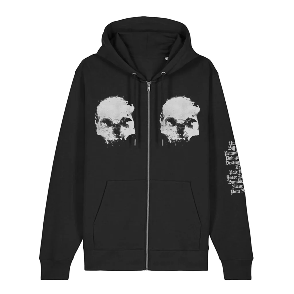 Black zip hoodie with dual skull graphic print and sleeve text