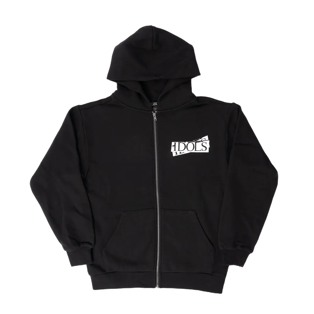 Black zip hoodie with bold wavy text graphic print on chest