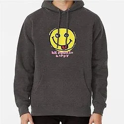 Charcoal hoodie with yellow smiley face design and text