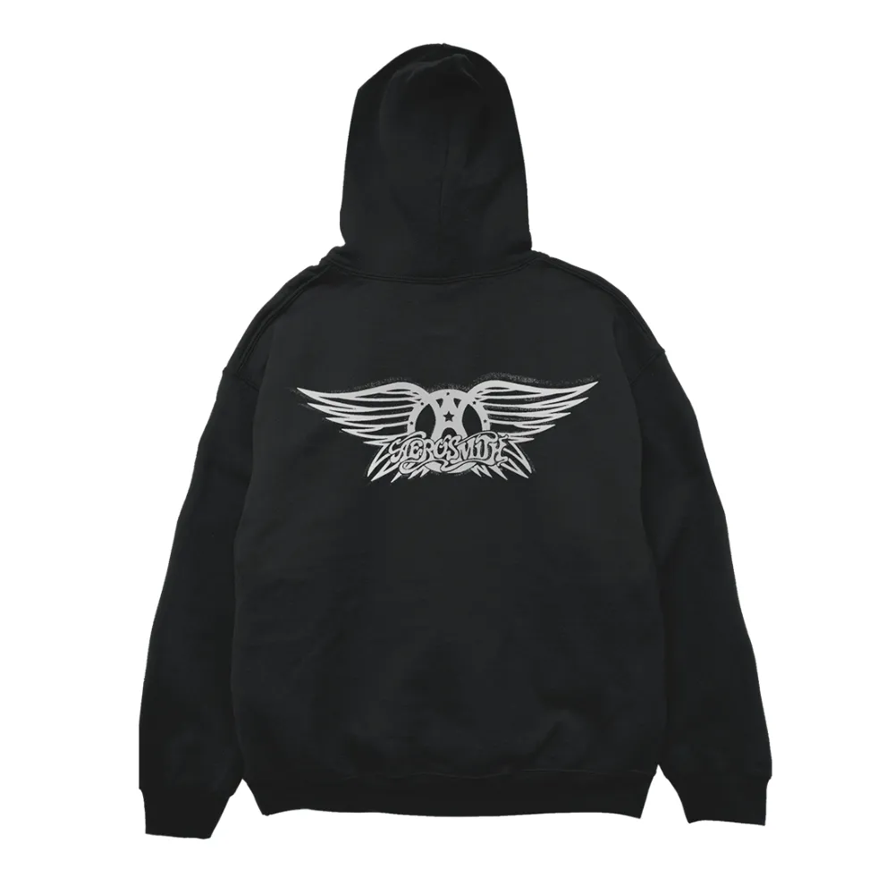 Black Hoodie with Silver Wings Logo Print – Unisex Rock Sweatshirt