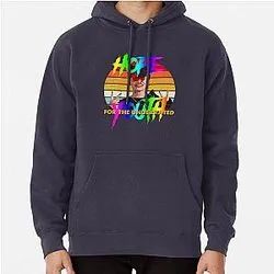 Navy hoodie with rainbow retro sunset design and portrait graphic