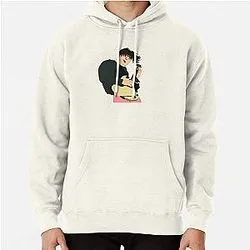 Cream hoodie with small illustrated character design on chest