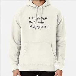 Cream hoodie with hand-written I Love You Will You Marry Me text design