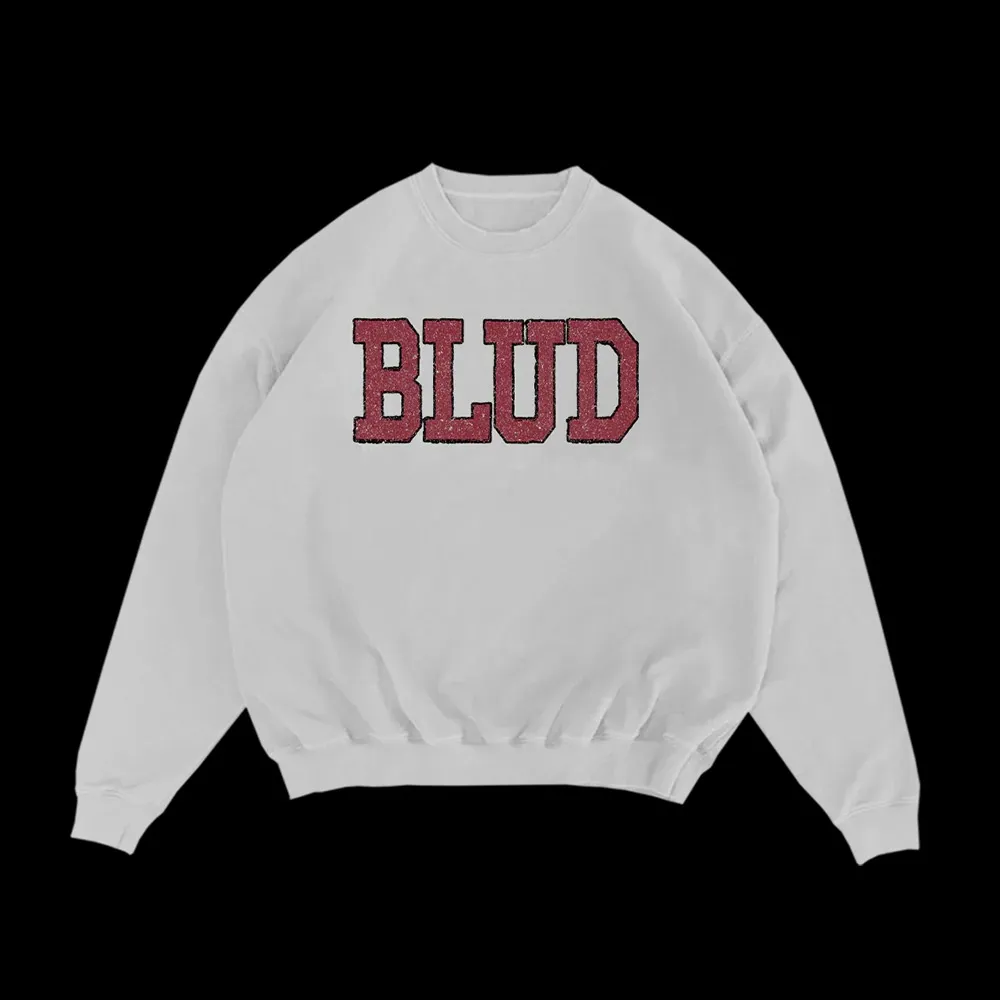 White crewneck sweatshirt with bold red BLUD varsity text design