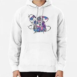 White hoodie with abstract swirl design in blue purple and pink