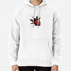 White hoodie with small hand-drawn red and black icon design