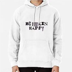 White hoodie with bold stencil style Be Happy text design