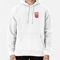White hoodie with bold red BLUD 666 chest text design