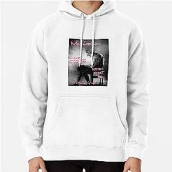 White hoodie with dark grunge poster print and pink text design