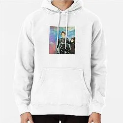 White hoodie with illustrated design and starry galaxy pastel background