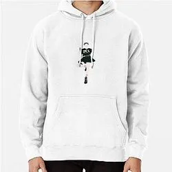 White hoodie with small black silhouette figure design on chest