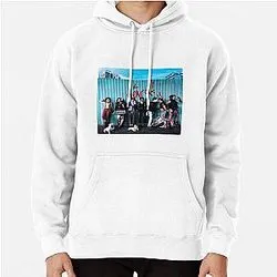 White hoodie with IDOLS group photo design on blue striped background
