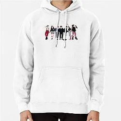 White hoodie with illustrated group of stylized figures design