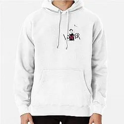 White hoodie with small Loner text and figure design on chest