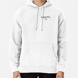 White hoodie with hand-drawn Loner text design on chest
