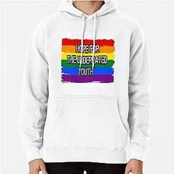 White hoodie with rainbow flag and Here for the Underrated Youth text