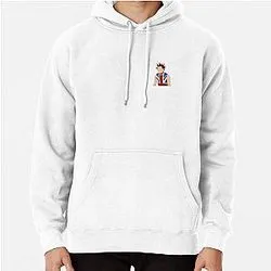 White hoodie with small illustrated character graphic on chest