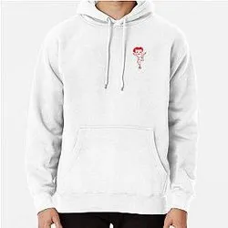 White hoodie with small illustrated dancing character graphic on chest