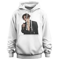 White unisex hoodie with YUNGBLUD portrait print smoking in black suit